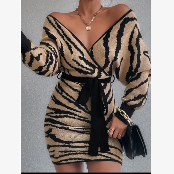 Dresses & Skirts - Cozy Off Shoulder Zebra Striped Pattern Batwing Sleeve Belted Sweater Dress